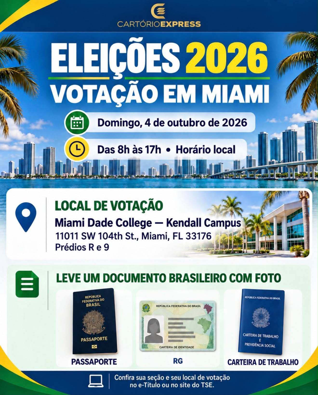 Cartaz Cartório Express: Eleições 2026, votação em Miami. Domingo, 4 de outubro de 2026, das 8h às 17h, horário local. Local: Miami Dade College, Kendall Campus, 11011 SW 104th St., Miami, FL 33176, prédios R e 9. Leve um documento brasileiro com foto: passaporte, RG ou carteira de trabalho. Confira sua seção e local de votação no e-Título ou no site do TSE.